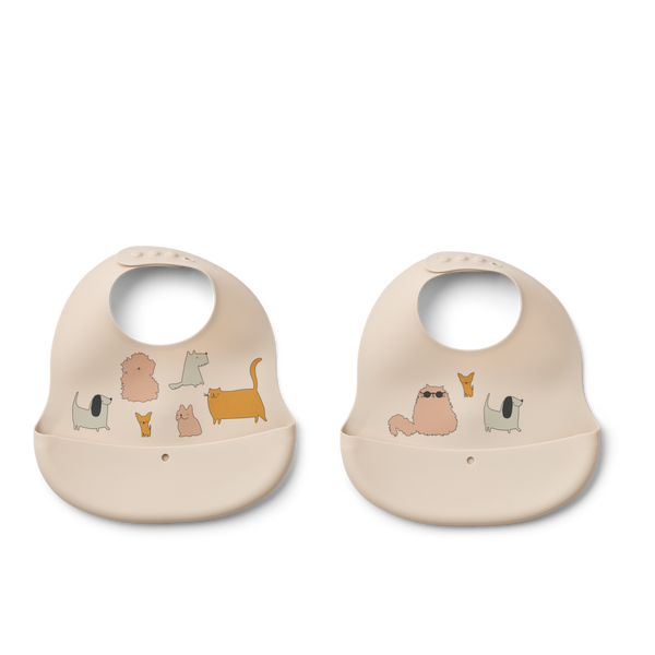2-pack Ember silicone bibs featuring playful cat and dog prints for mealtime cleanliness.