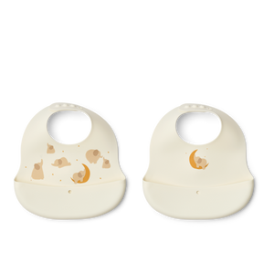 2-pack of soft silicone bibs featuring playful animal designs and large catch pockets for mess-free meals.