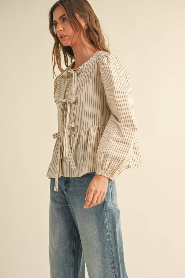 Striped tie-front blouse