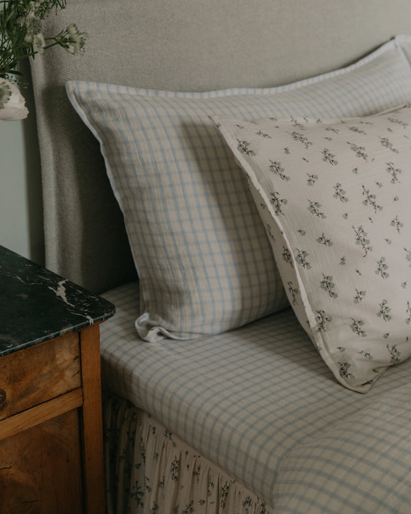 Drap housse mousseline Vichy Bleu Ciel