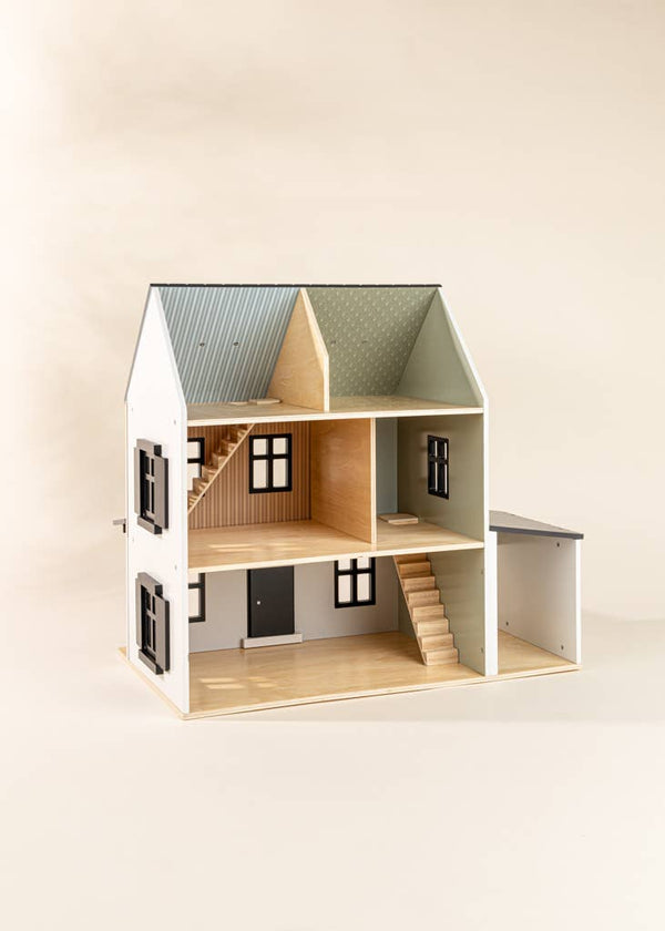 Puppenhaus aus Holz mit detaillierten Räumen und stilvollem Design, ideal für kreatives Spiel von Kindern.