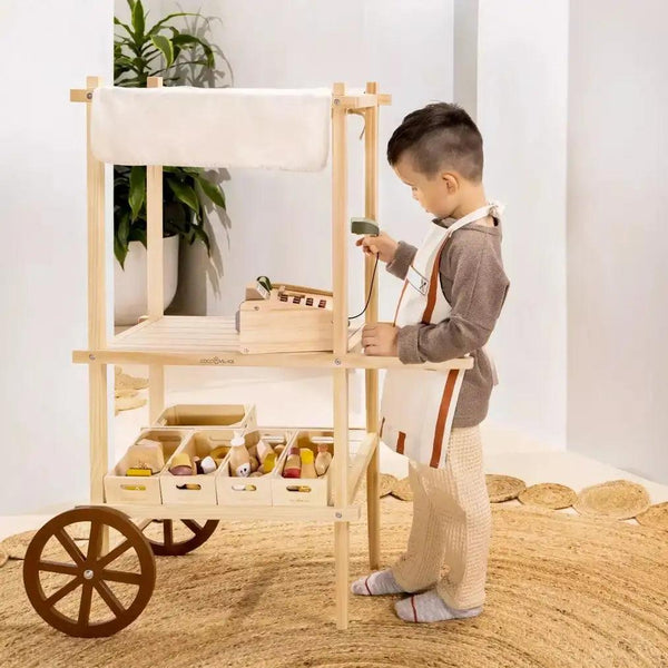 Coco Village Spielmarktstand aus Holzplatte | Einkaufswagen | Beluga Kids