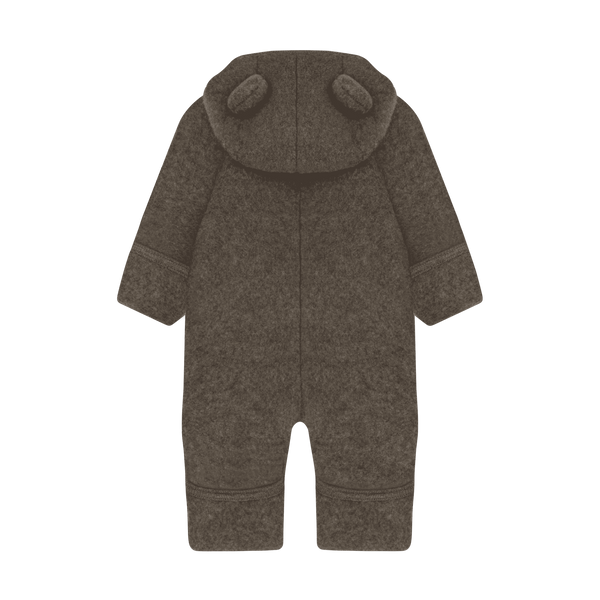 Pram Suit Ears Brown Melange von Huttelihut, Rückansicht des Babyoveralls