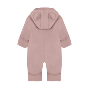Pram Suit Ears von Huttelihut aus Merino-Wollfleece, Rückansicht mit Kapuze