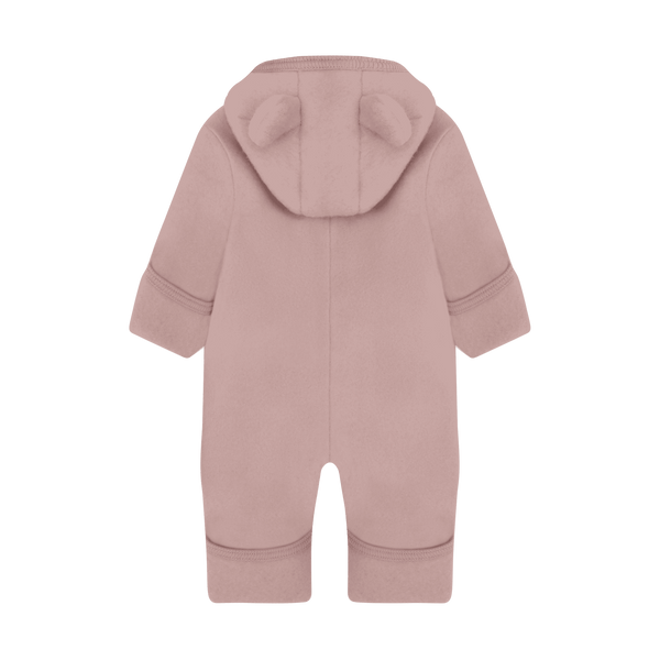Pram Suit Ears von Huttelihut aus Merino-Wollfleece, Rückansicht mit Kapuze