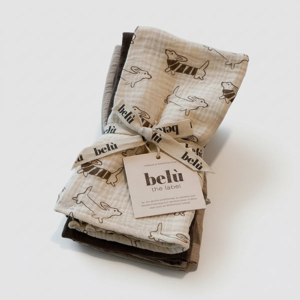 Lot de 3 compresses de gaze mousseline à motif teckel