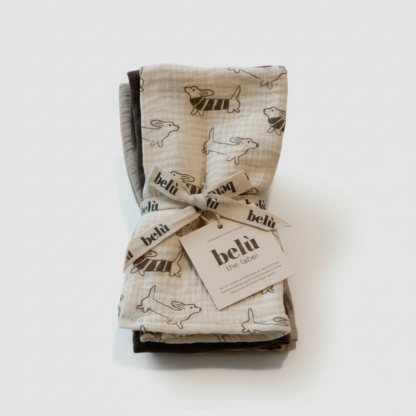 Lot de 3 compresses de gaze mousseline à motif teckel