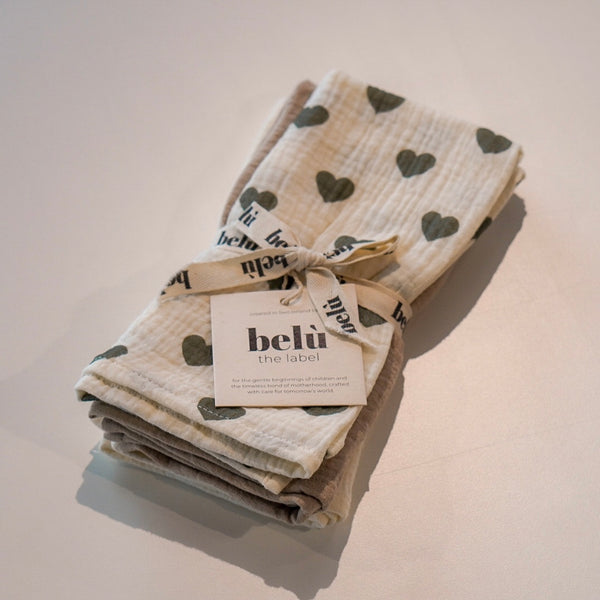 Lot de 3 langes en mousseline à motif cœur vert