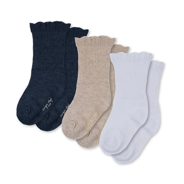 3-Pack Ruffle Socks White/Navy/Beige