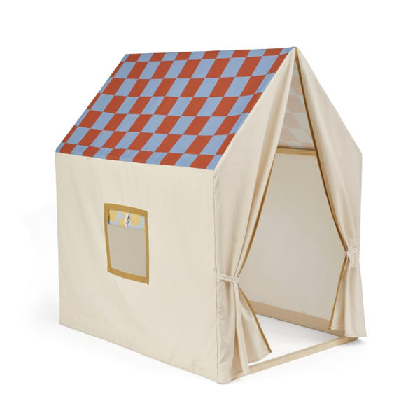 Kids Concept Hauszelt in Dusty Blue kariert mit Eingang und Fenstern