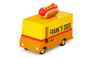 Candylab Hotdog-Lieferwagen aus Holz mit senfgelbem Dach und toastbrauner Basis