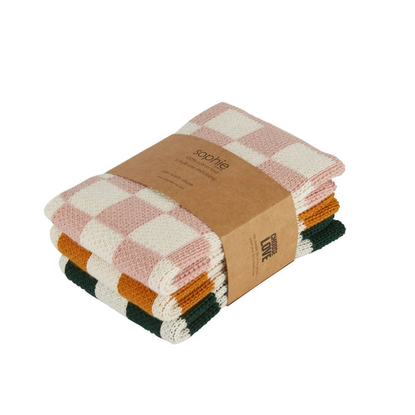 Pack of 3 tea towels cotton knit check rose