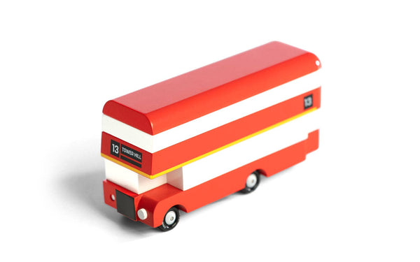 Roter Doppeldeckerbus von Candylab Toys aus Buchenholz