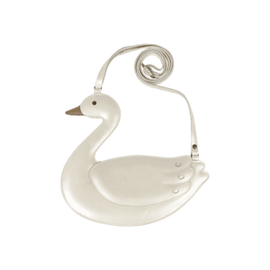Donsje Chiem Umhängetasche in Off White Metallic mit Schwanen-Motiv, Frontansicht