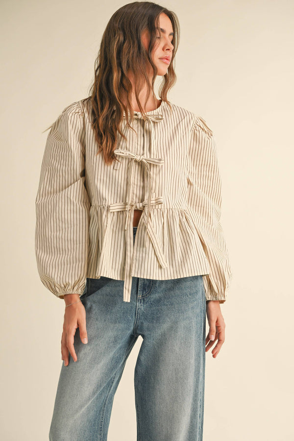 Striped tie-front blouse