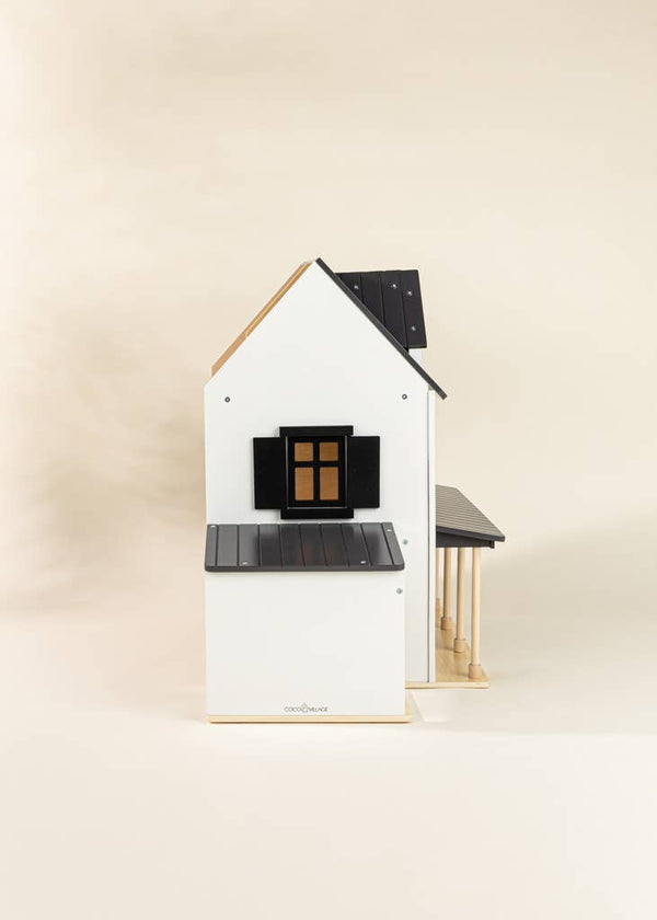 Schönes Holz-Puppenhaus mit Fenstern und stilvollem Design, ideal für kreatives Spiel mit mehreren Kindern.