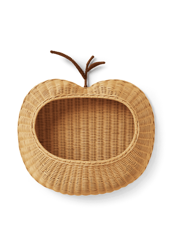 ferm LIVING Apple Wandkorb aus geflochtenem Rattan in Apfelform mit grünem Blatt