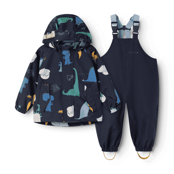 Liewood Manu Regenset Dino Roar Classic Navy – Kinder-Regenset aus Regenjacke und Latzhose