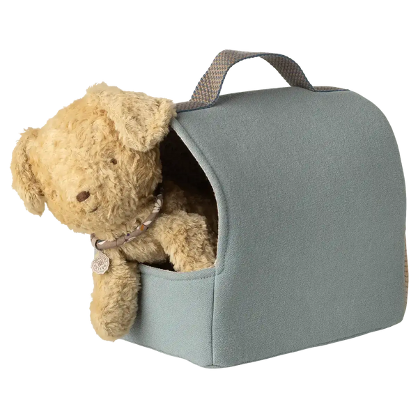 Kleine Maileg Haustierbox in Dusty Blue mit Stofftier