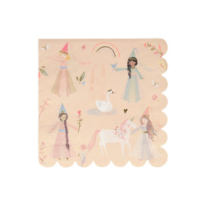 Princess-themed napkin with gold foil details, featuring princesses, a unicorn, a swan, a castle, and a scalloped edge.