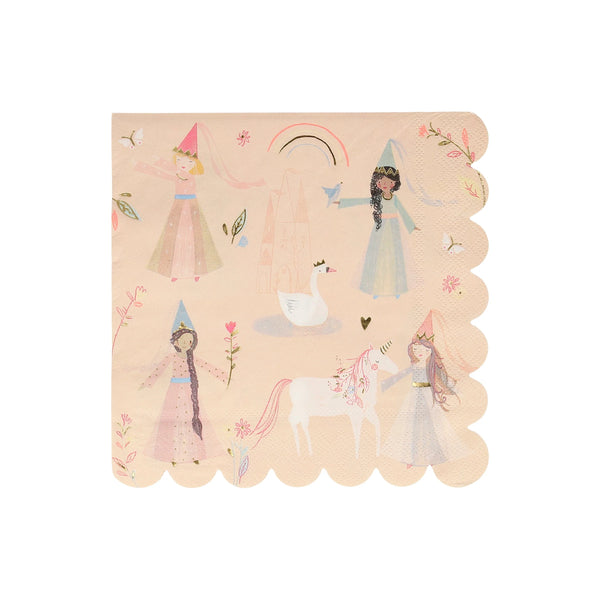 Princess-themed napkin with gold foil details, featuring princesses, a unicorn, a swan, a castle, and a scalloped edge.