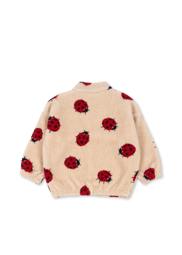 Back view of Jody Teddyjacke Ladybug in soft teddy fabric with ladybug prints, perfect for cold weather.