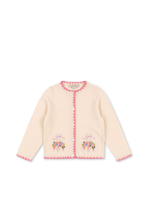 Collette Strick-Cardigan in Off White with floral embroidery and pearl buttons for a stylish and cozy look.