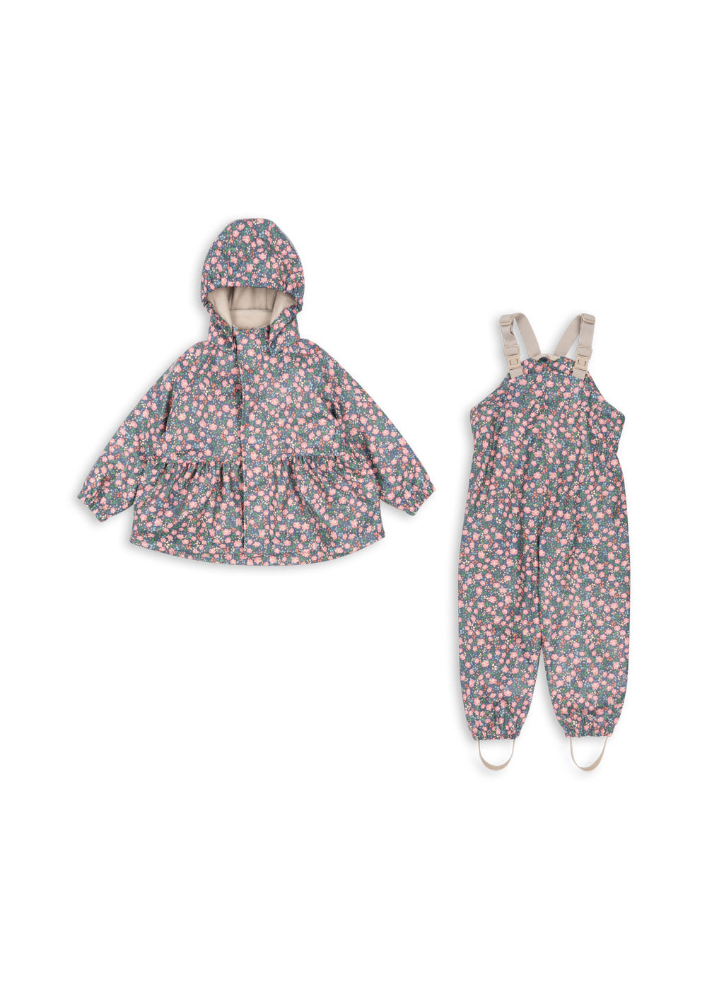 Palme Rüschen-Regenset Kyoto: Wasserdichte Jacke und Latzhose mit floralem Design für Kinder. Perfekt für jedes Wetter.