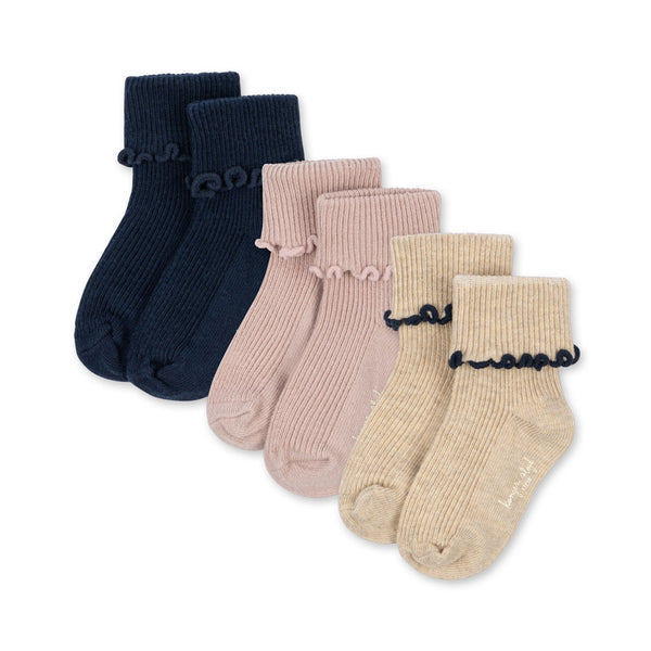 Lot de 3 paires de chaussettes à volants bleu marine / crème / rose poudré