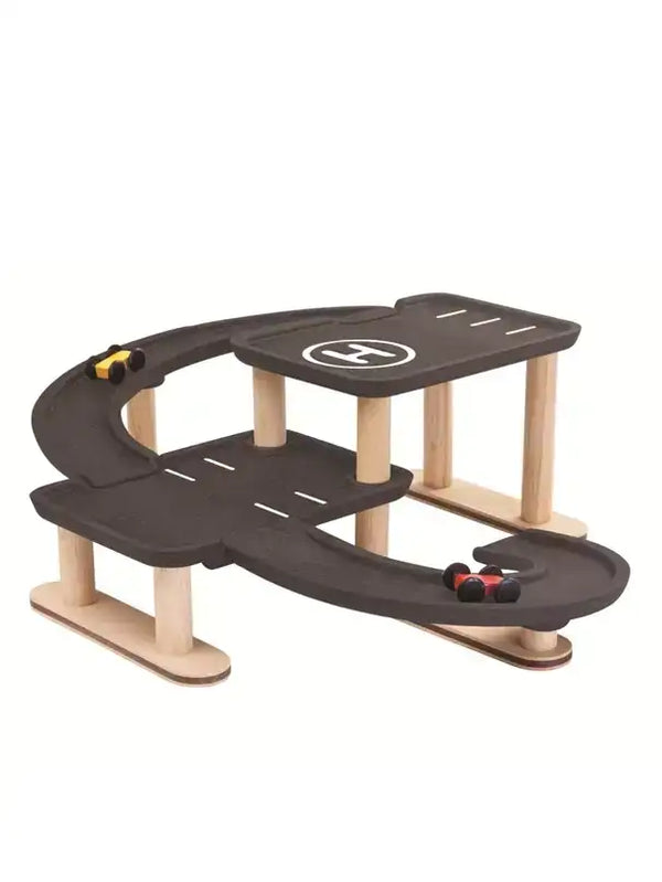 PlanToys Race N Play Parkgarage aus Holz mit Rampe und Parkdeck