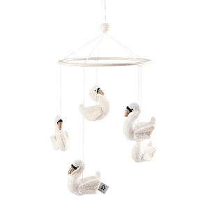 Sebra Babymobile mit fünf Schwänen an einem Holzring