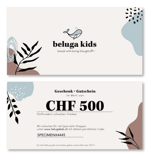Gutschein für Kinderausstattung von Beluga Kids, wahlweise digital oder per Post